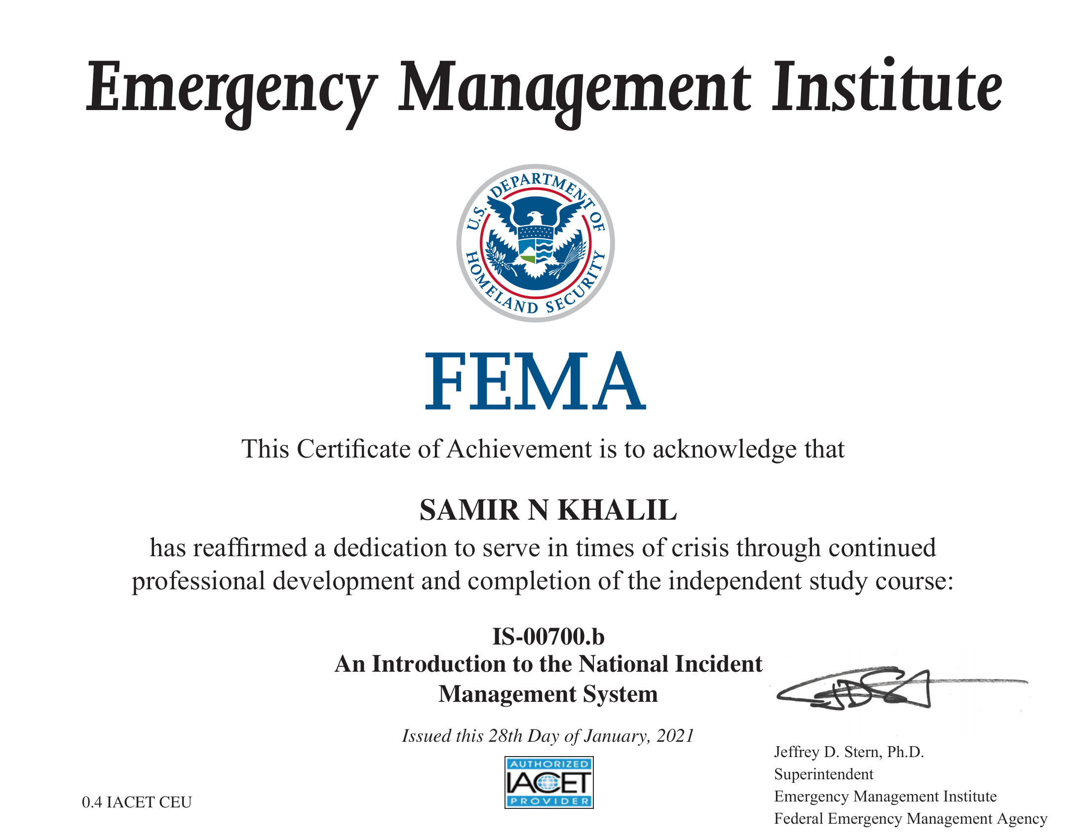 Introduction to the National Incident Management System Certificate 